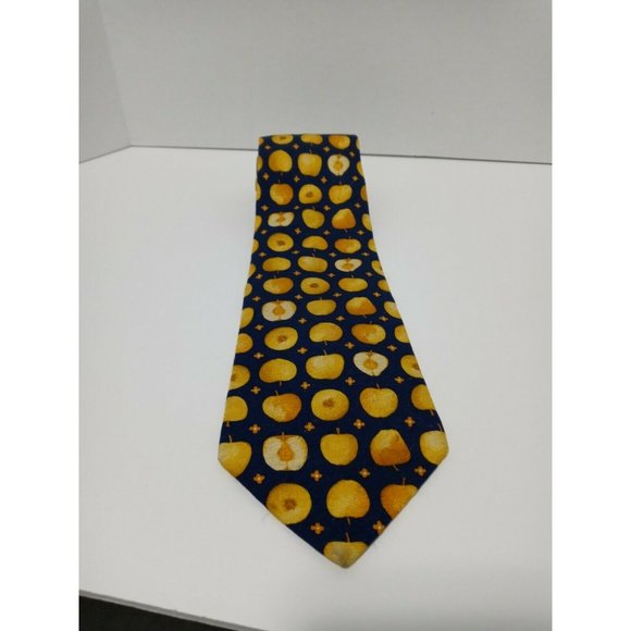 Geoffrey Beene Silk Necktie Dark Blue with Yellow Apples - Picture 1 of 4